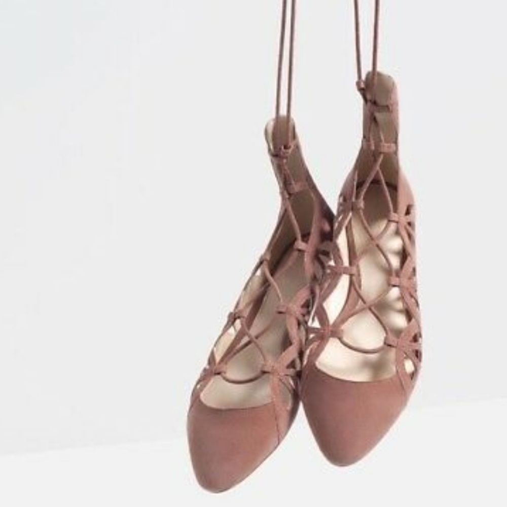 Zara Suede Lace Up Ballet Flats